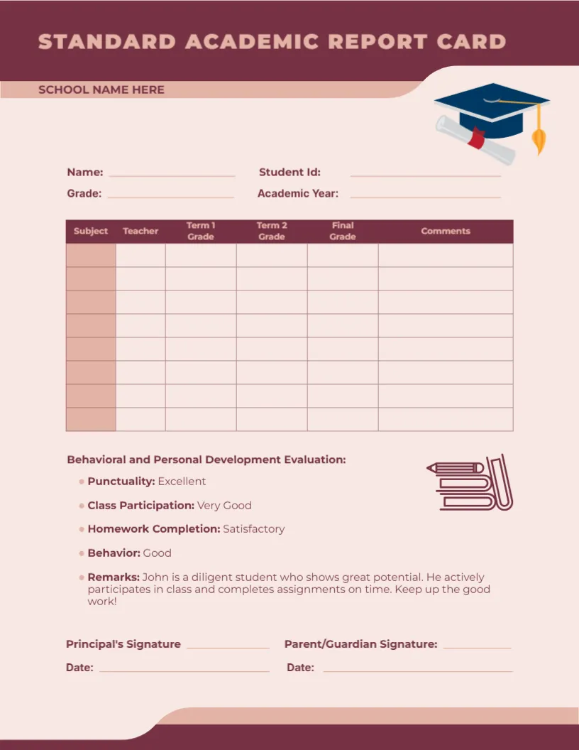 Standard Academic Design of Report Card Template