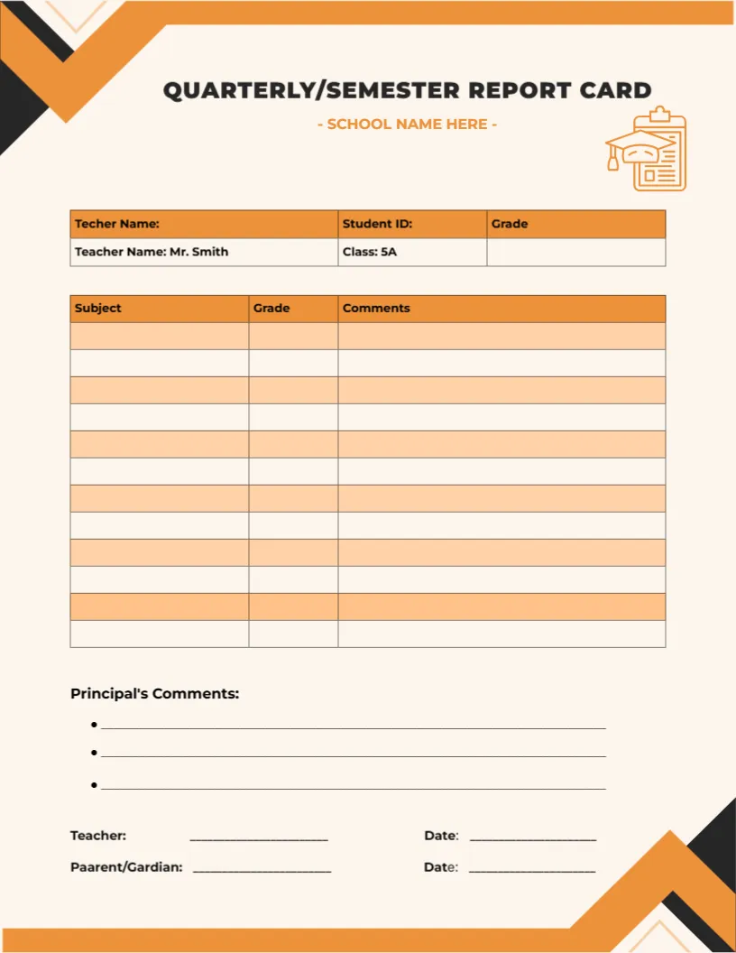 Report Card Template for Quarterly/Semester