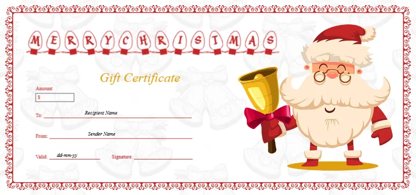 Christmas Gift Certificate with Santa & Bell Motif