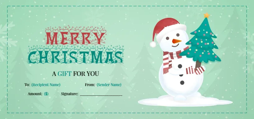 Christmas Gift Voucher with Snowman & Pine Tree Motif