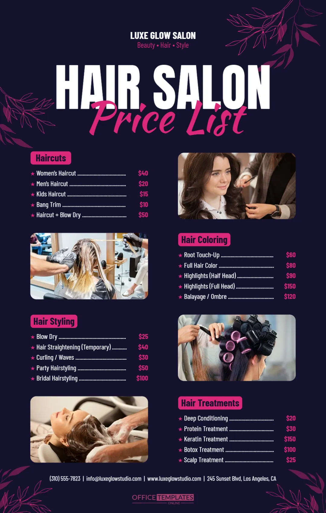 Hair Salon Price List (Haircuts, coloring, styling, treatments)