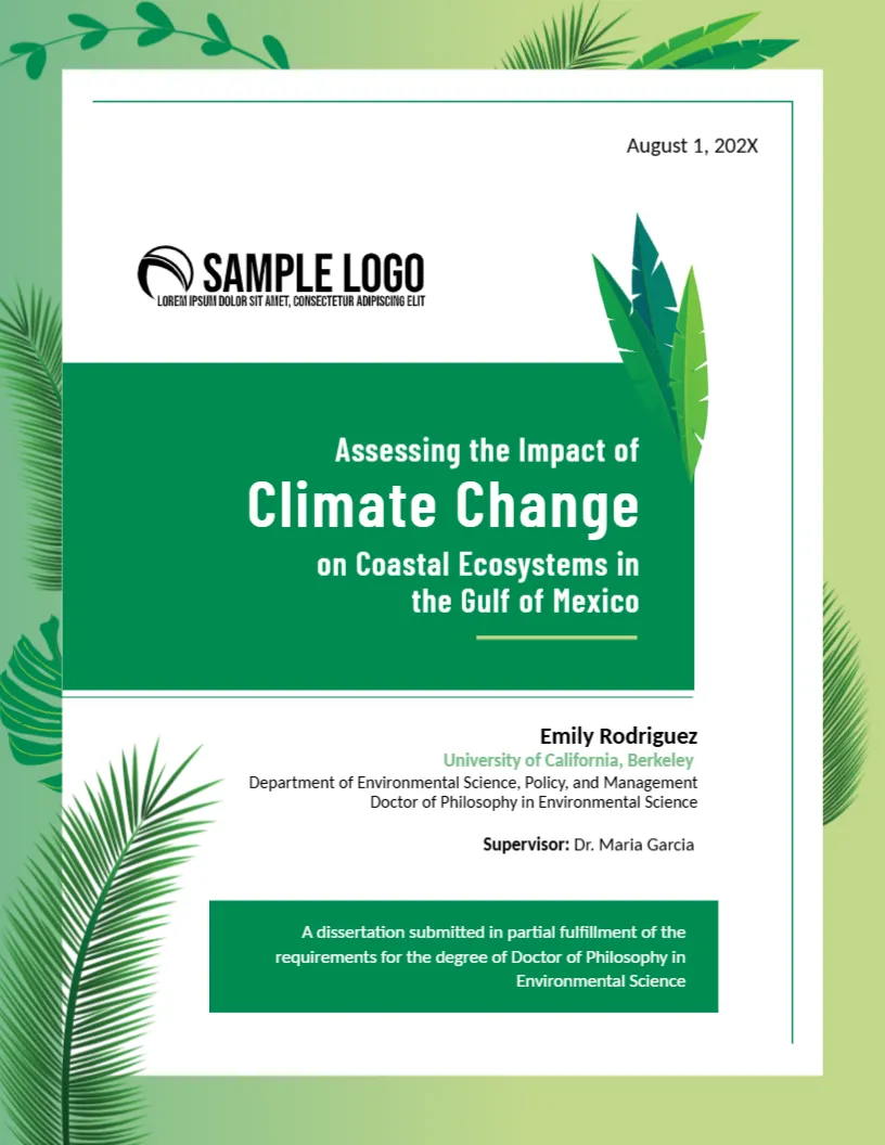 Cover Page Template for Environmental Science Dissertation