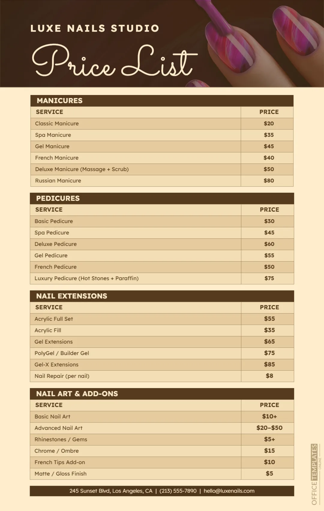 Nail Salon / Nail Tech Price List (Manicure, pedicure, extensions, nail art)