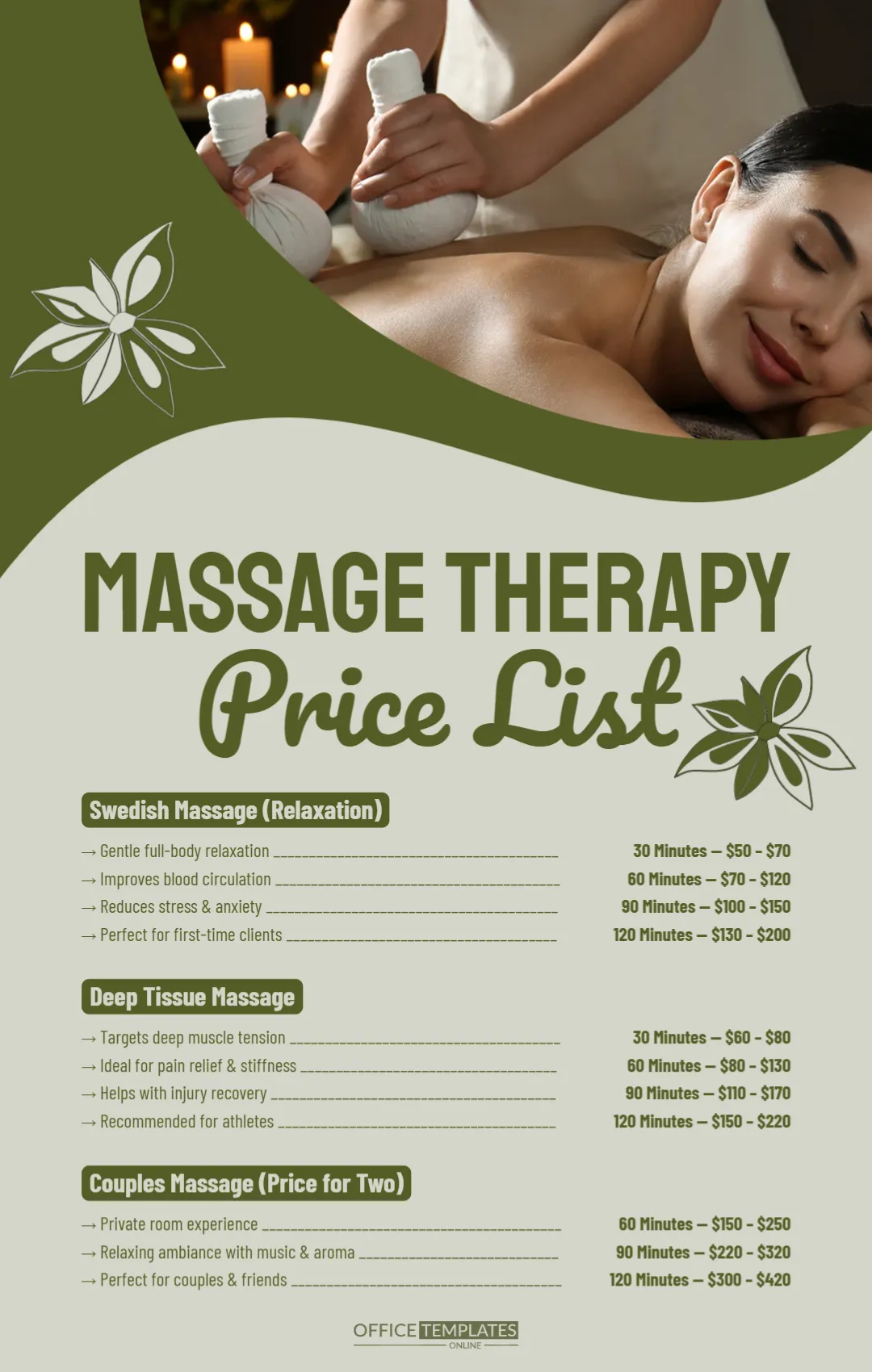 Massage Therapy Price List (Swedish, deep tissue, couples massage)