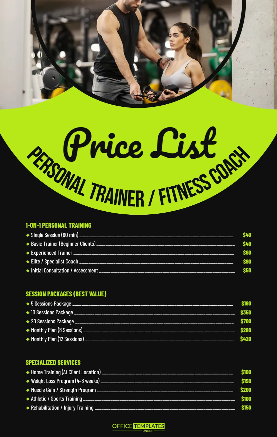 Personal Trainer / Fitness Coach Price List (Sessions, packages)