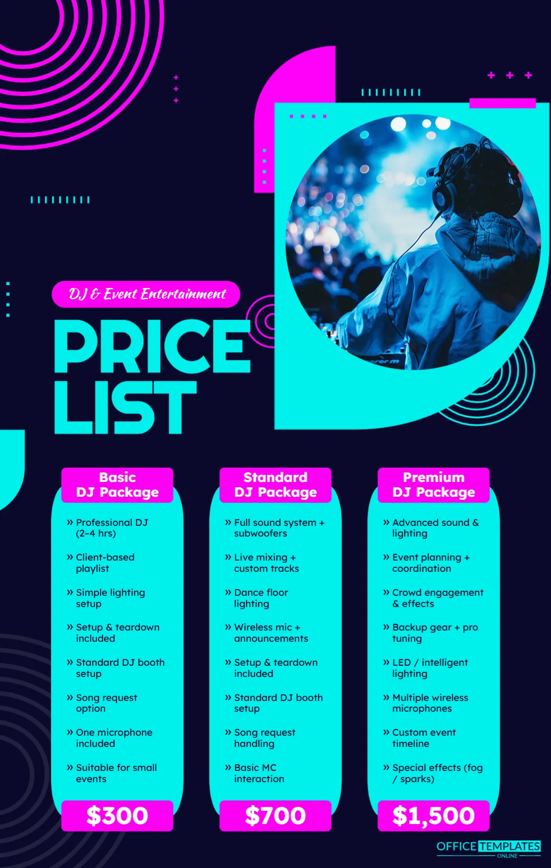 DJ & Event Entertainment Price List