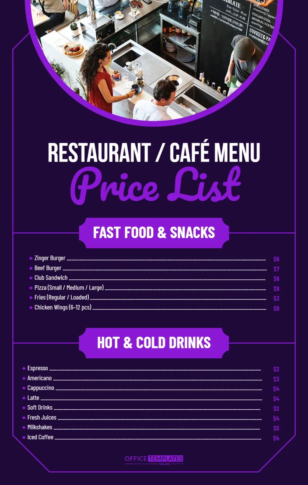 Restaurant / Cafe Menu Price List (Food + drinks)