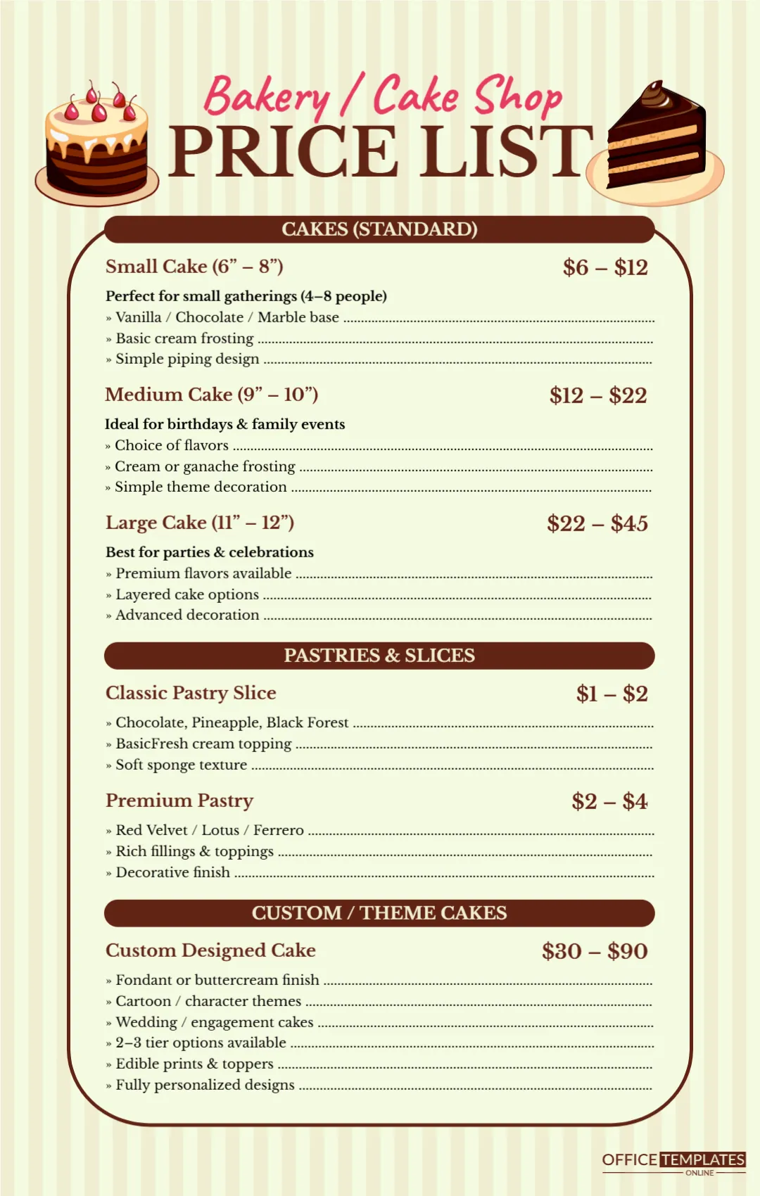 Bakery / Cake Shop Price List (Cakes, pastries, custom orders)
