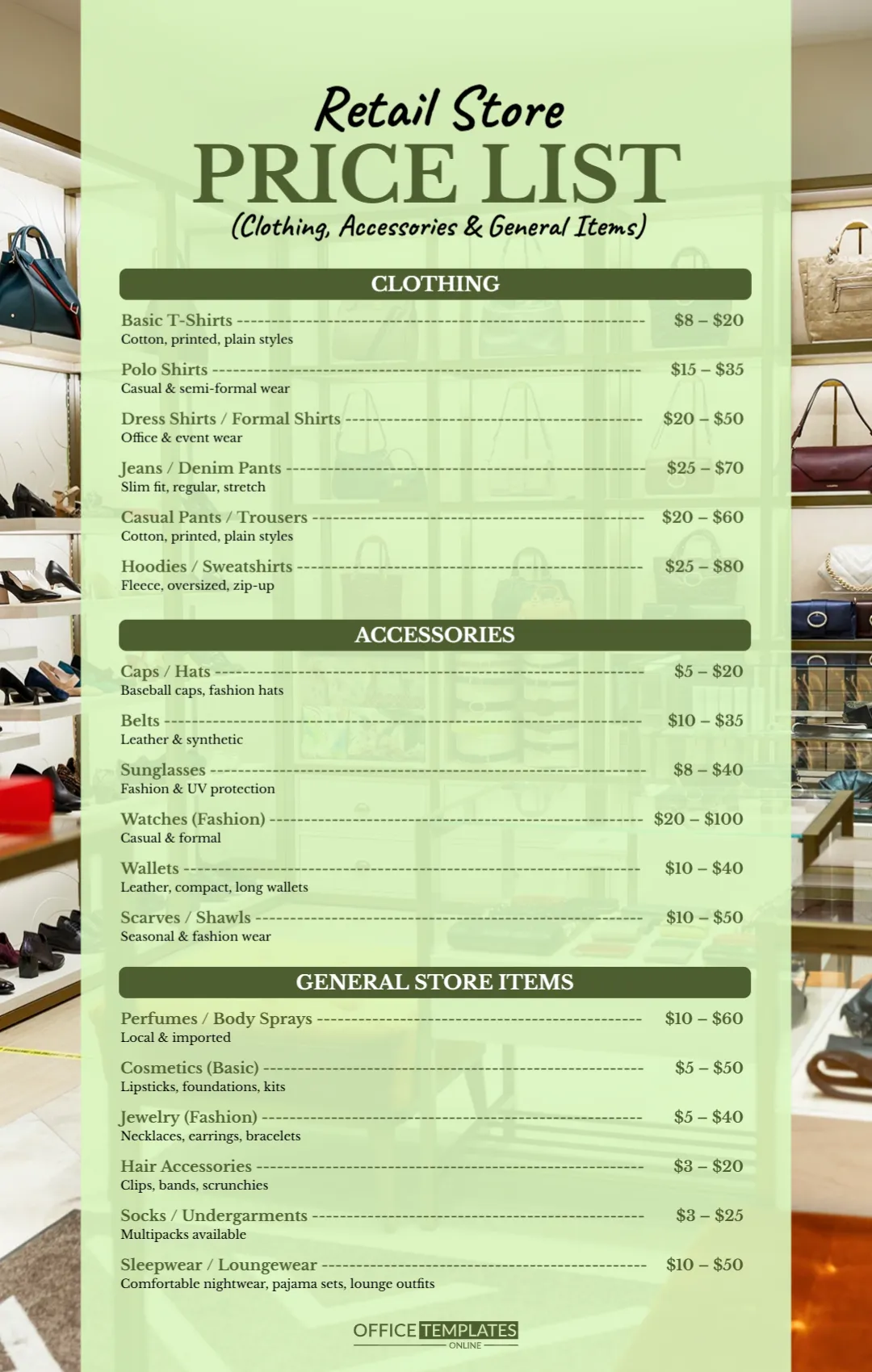 Retail Product Price List (Clothing, accessories, general store)