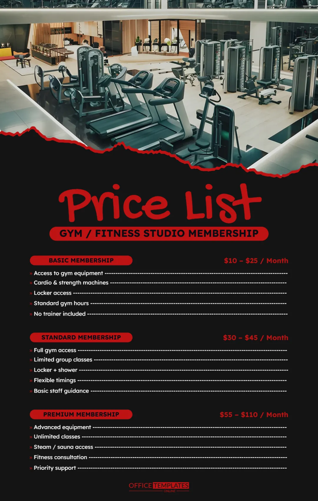 Gym / Fitness Studio Membership Price List