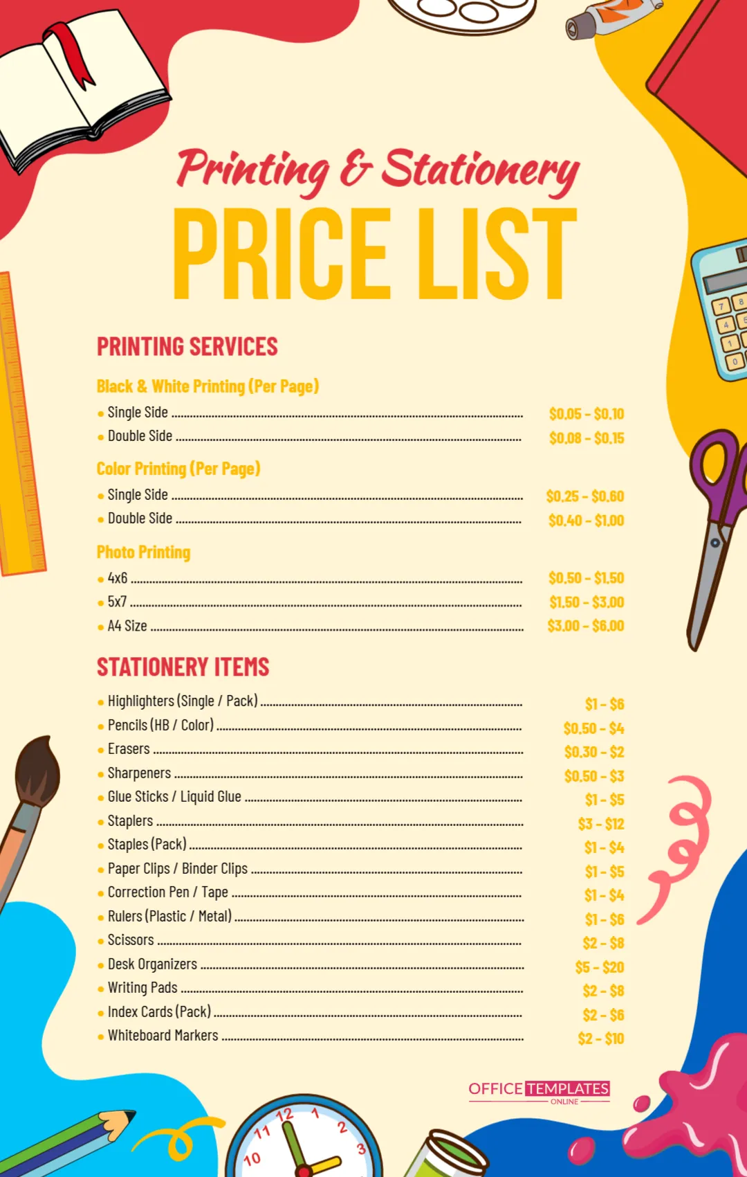 Printing & Stationery Shop Price List