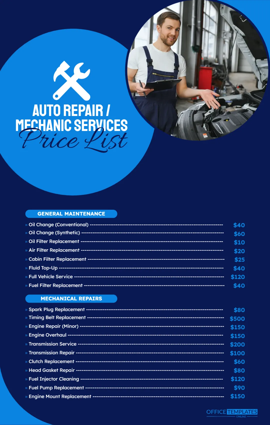 Auto Repair / Mechanic Services Price List