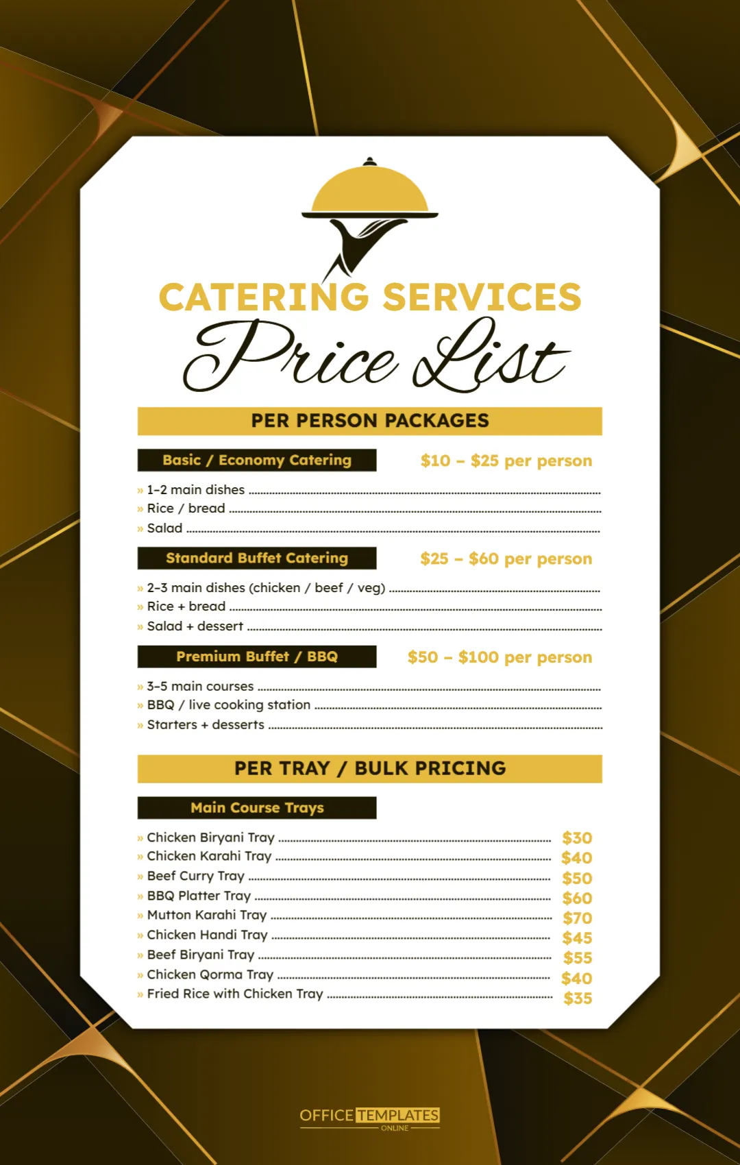 Catering Services Price List (Per person or per tray pricing)