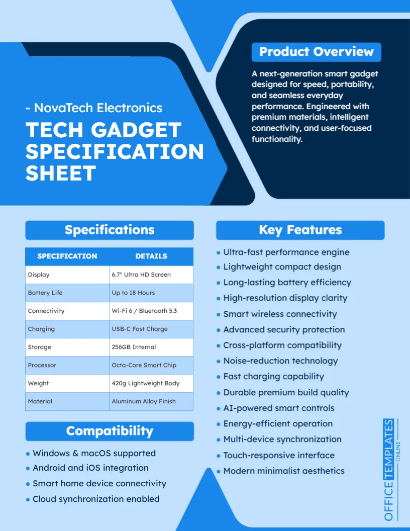 Tech Gadget Specification Sheet