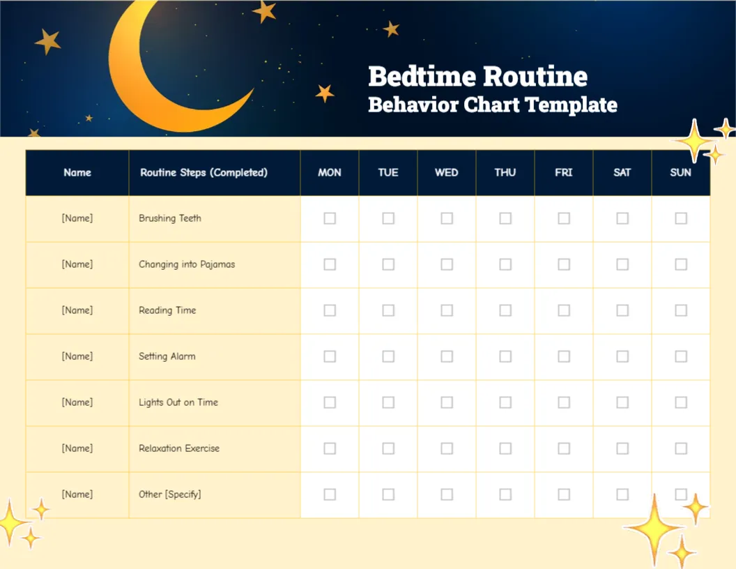 Behavior Chart Template for Bedtime Routine