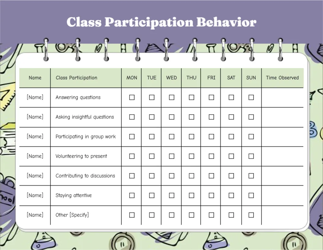 Behavior Chart Template Class Participation