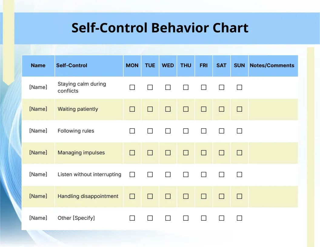 Behavior Chart Template for Self-Control