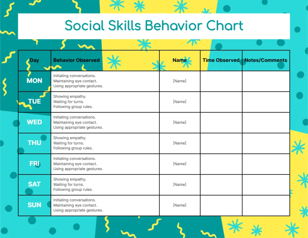 Behavior Chart Template for Social Skills