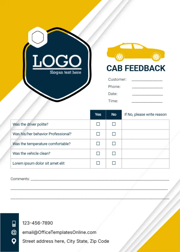 Comment Card Template for Cab/Taxi