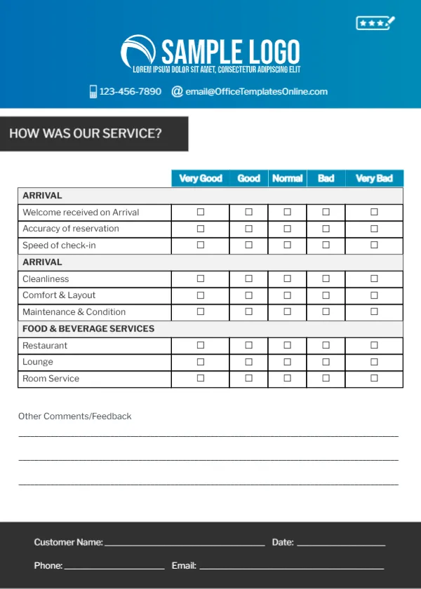 Feedback Card Template for Hotel