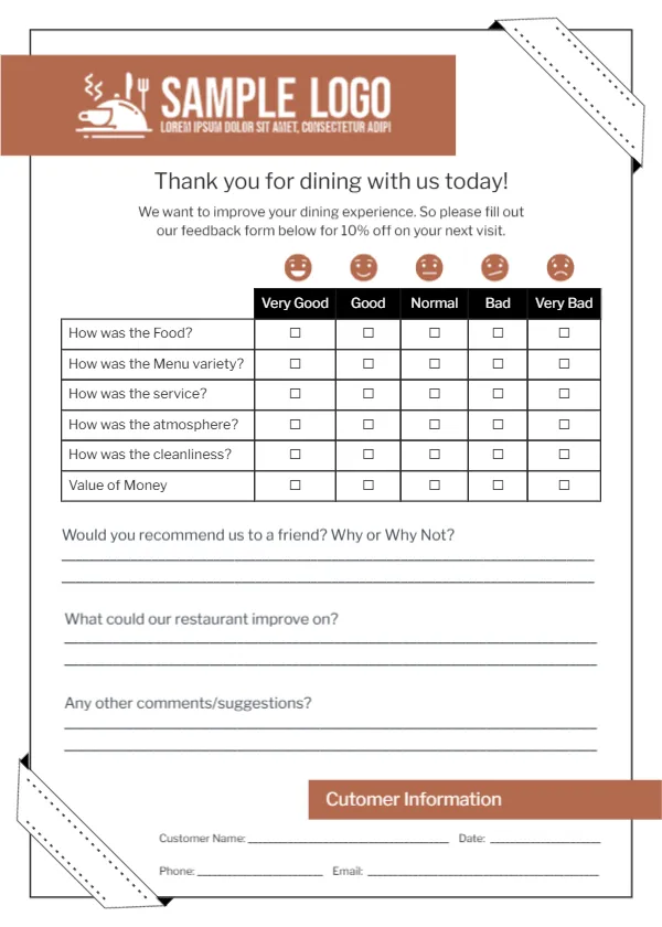 Feedback Card Template for Restaurant