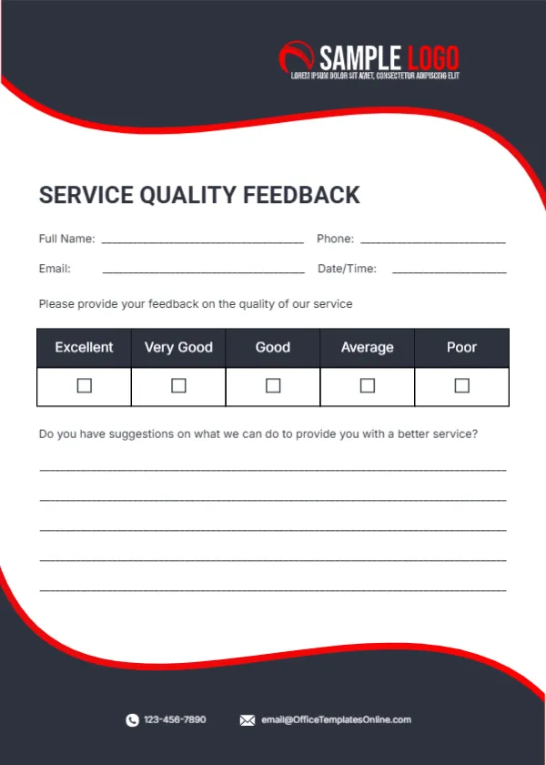 Service Quality Feedback Card Template