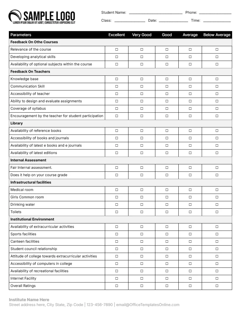 Feedback Card Template for Student