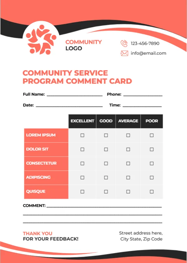 Comment Card Template for Community Service Program