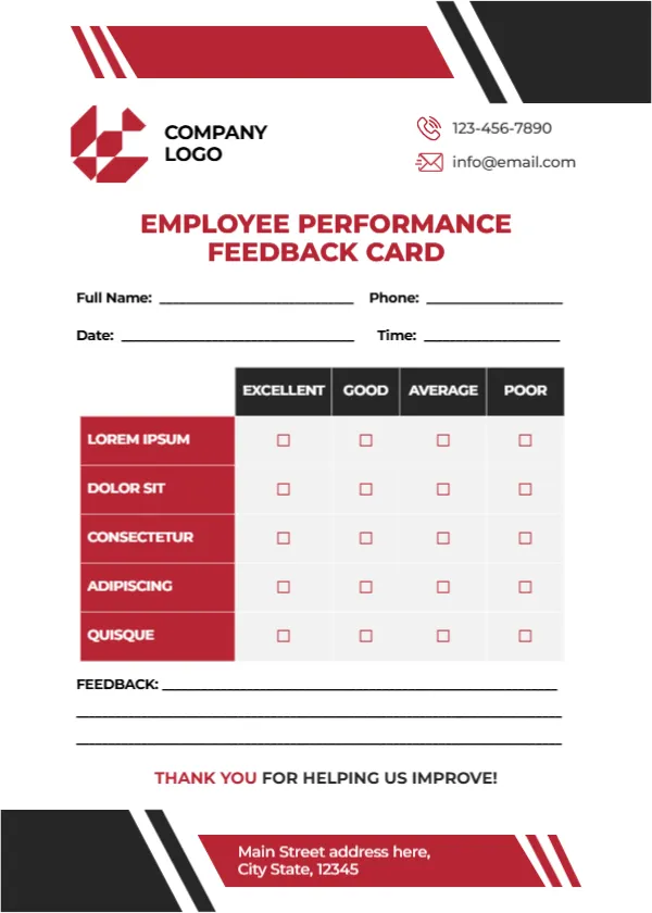 Feedback Card Template for Employee Performance