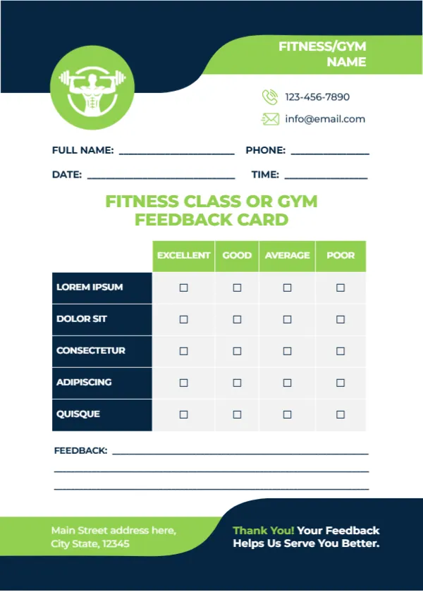 Feedback Card Template for Fitness Class or Gym
