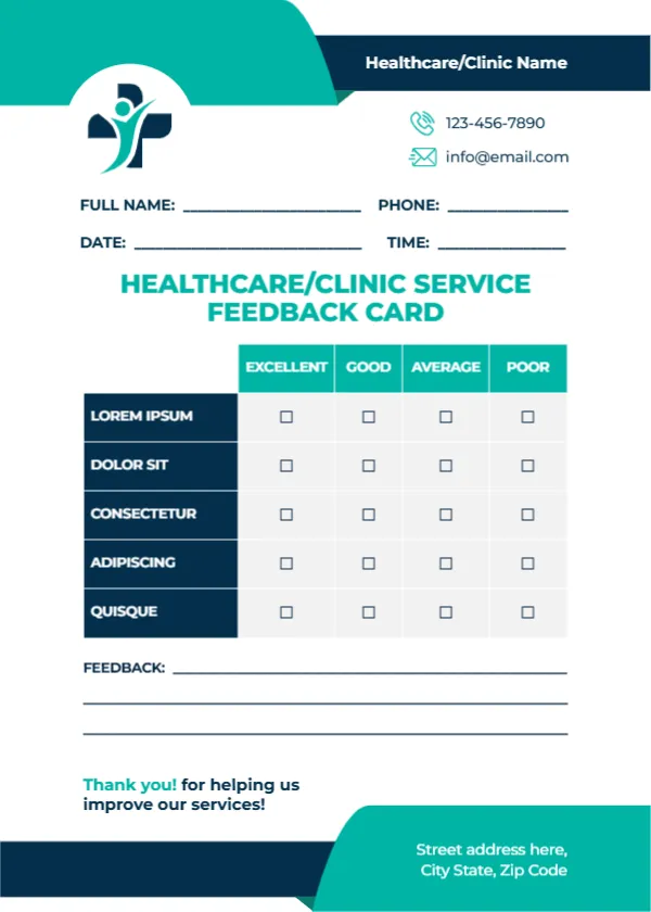 Feedback Card Template for Healthcare or Clinic Service