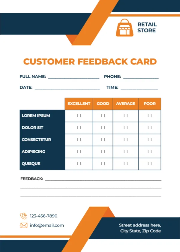 Feedback Card Template for Retail Store Customer