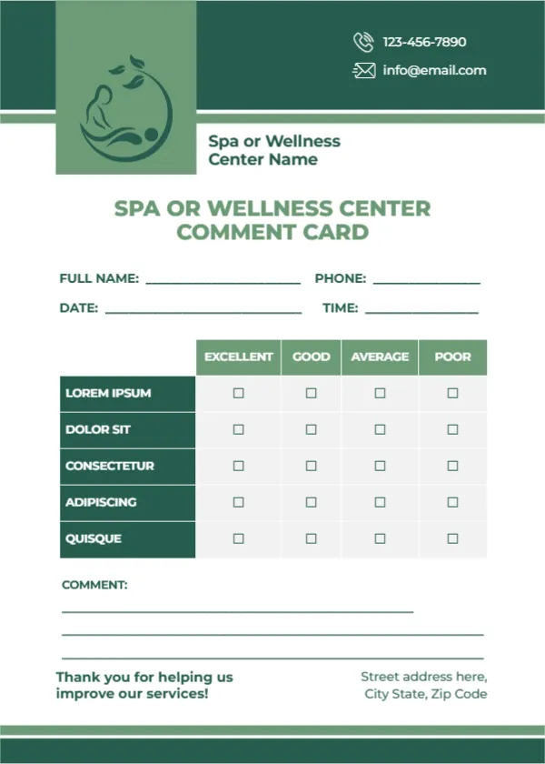 Comment Card Template for Spa or Wellness Center
