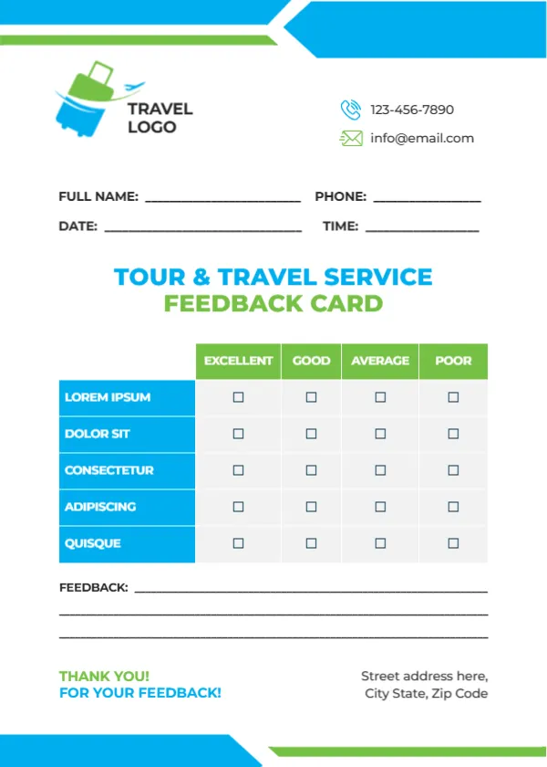 Feedback Card Template Tour and Travel Service