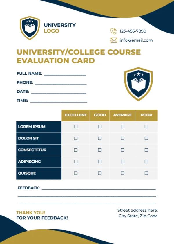 Evaluation Card Template University or College Course