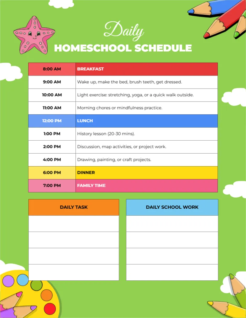 Schedule Template for Daily Homeschool