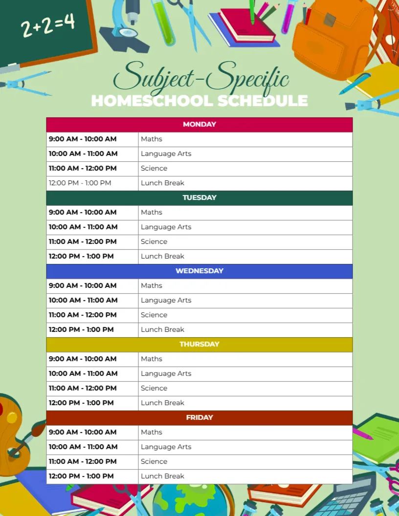Schedule Template for Subject-Specific Homeschool