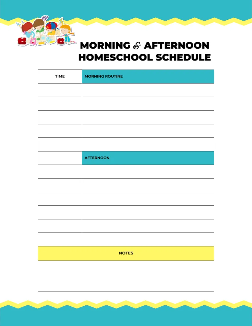 Homeschool Schedule Template for Morning and Afternoon