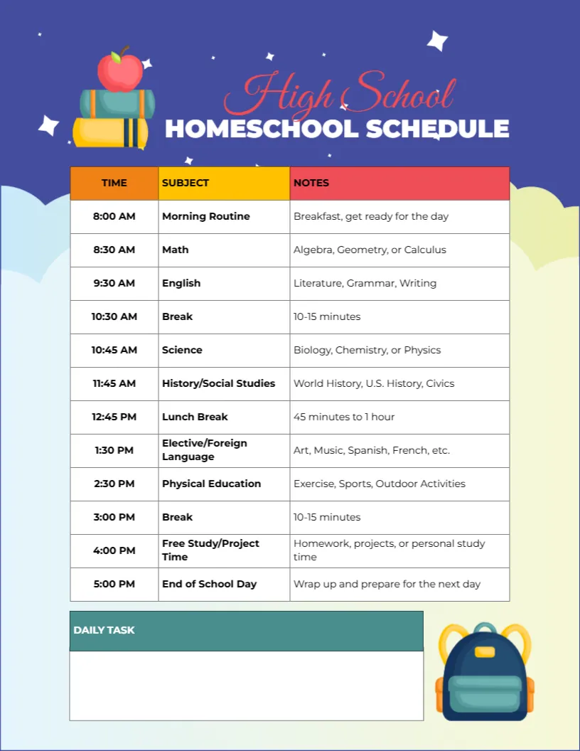Homeschool Schedule Template for High School