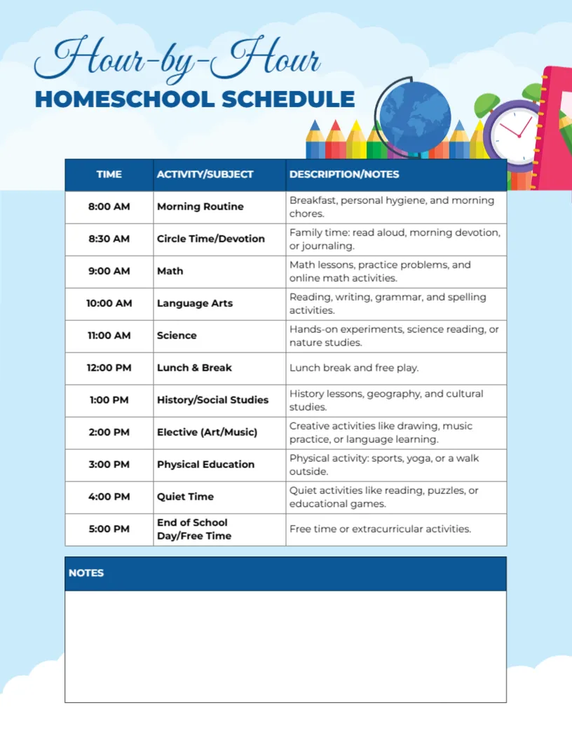 Homeschool Schedule Template for Hour-by-Hour