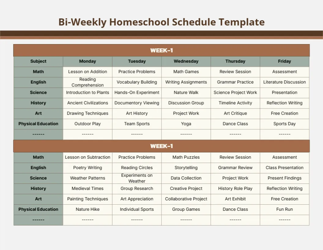 Bi-Weekly Homeschool Schedule Design Template