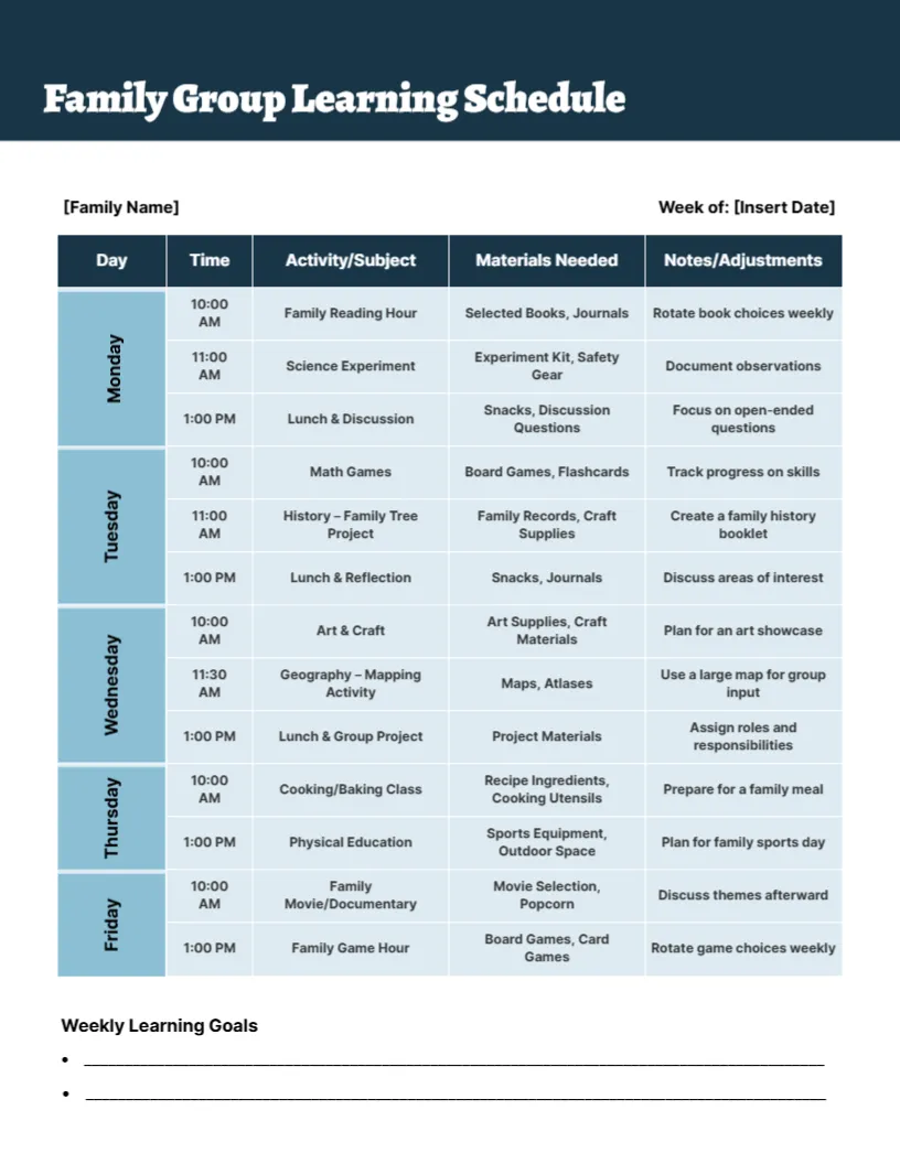 Schedule Template for Family Group Learning
