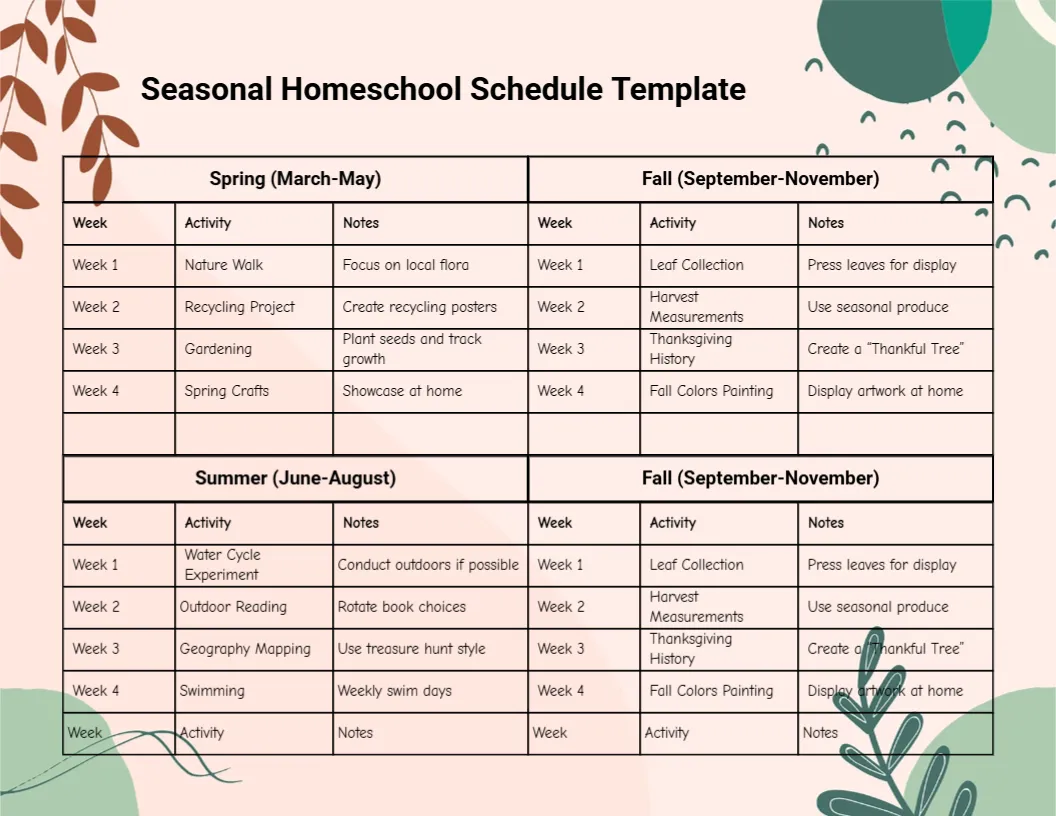 Schedule Template for Seasonal Homeschool