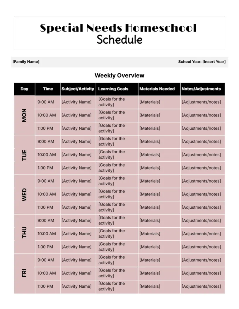Homeschool Schedule Template for Special Needs