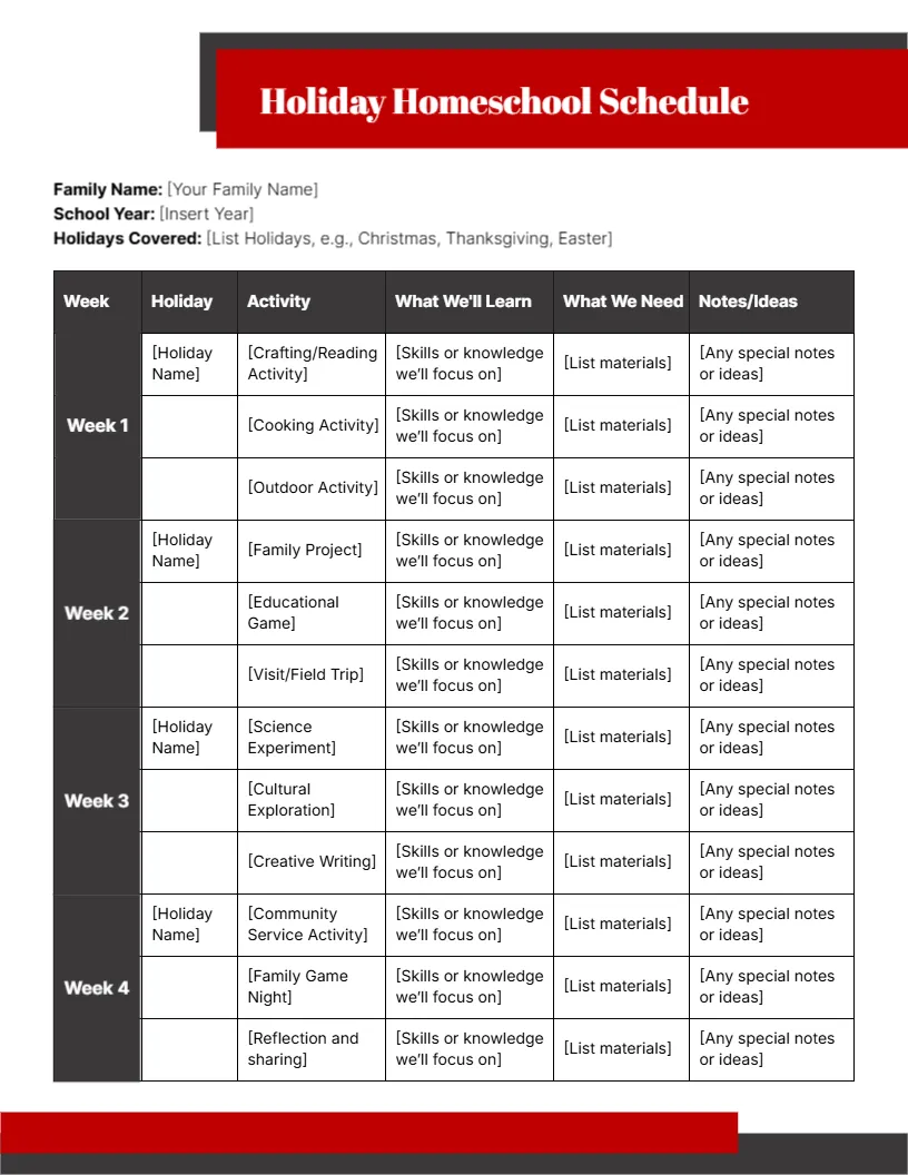 Homeschool Schedule Template for Holiday