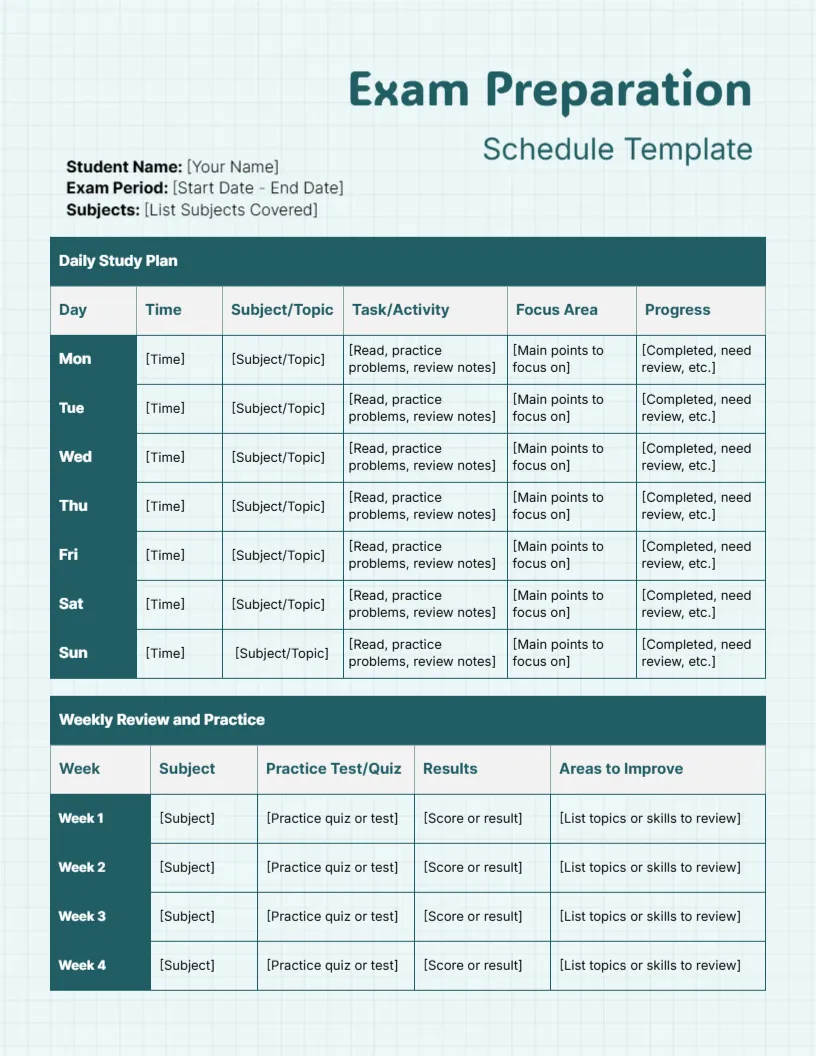 Schedule Template for Exam Preparation