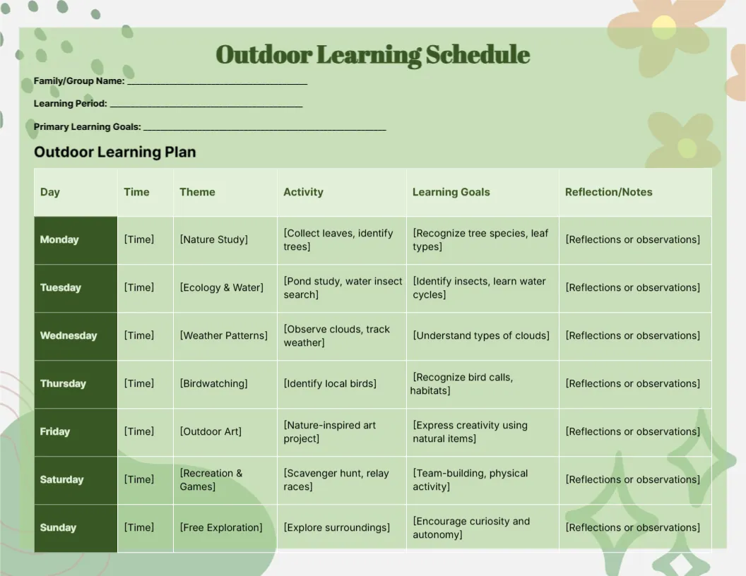 Schedule Template for Outdoor Learning