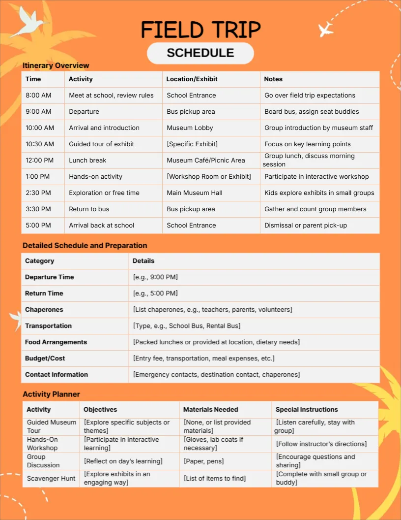Schedule Template for Field Trip