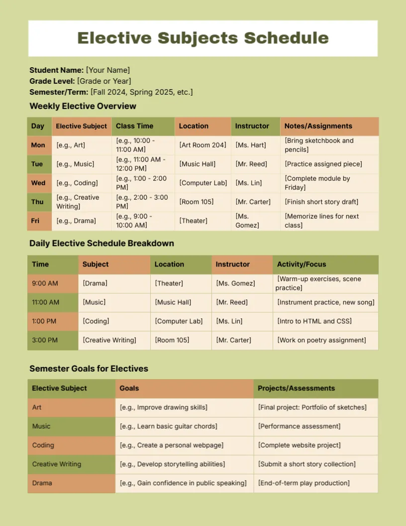 Schedule Template for Elective Subjects