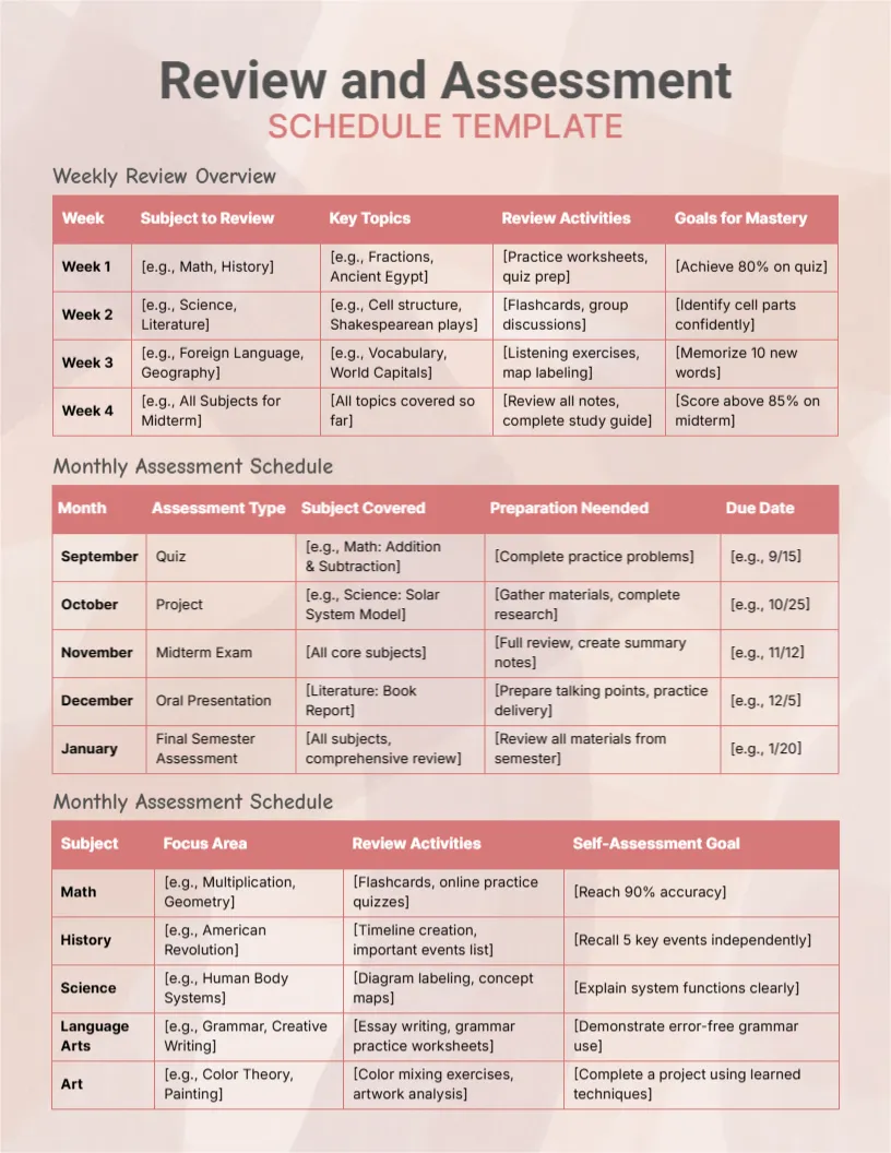 Schedule Template for Review and Assessments